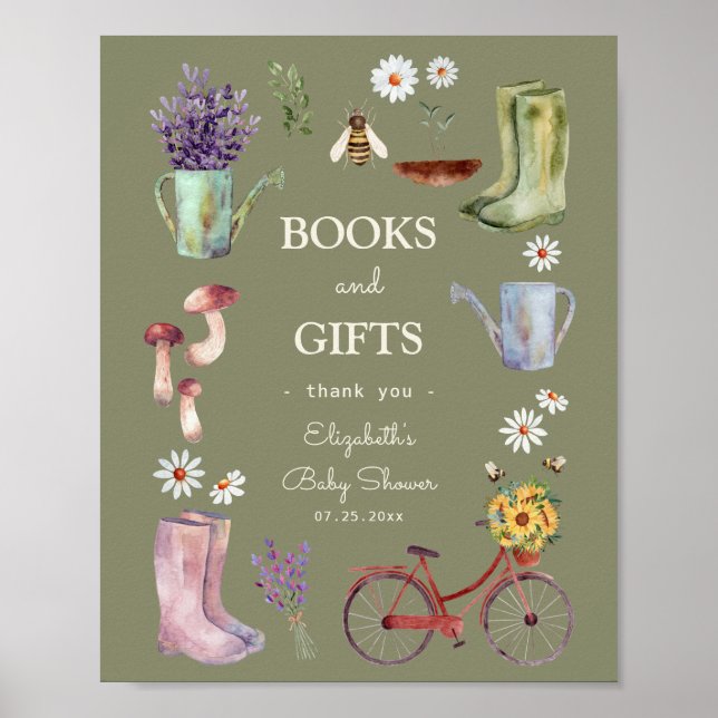 Affiche Symbole du Baby shower de jardin Livres et Cadeaux (Devant)