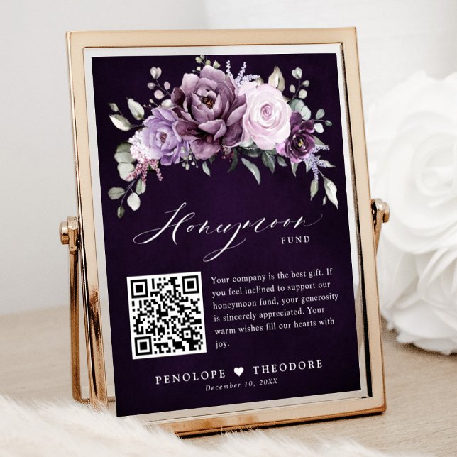 Affiche Symbole du fonds de lune de miel des fleurs pourpr (Shades of dusty purple blooms floral honeymoon fund sign)