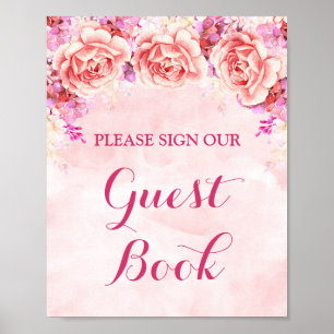Affiche Symbole du livre d'hôtes Fleurs d'aquarelle rose