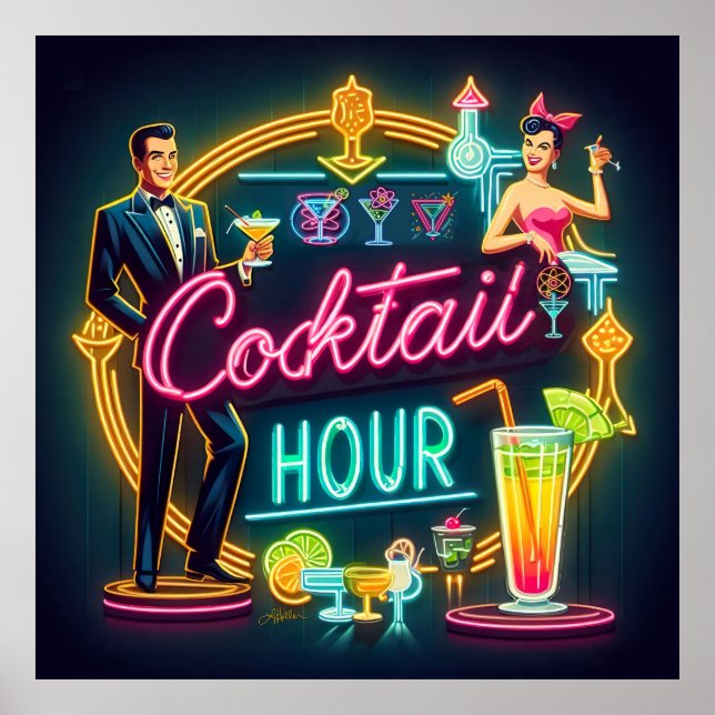 Affiche Symbole du néon du milieu du siècle Cocktail Hour  (Devant)