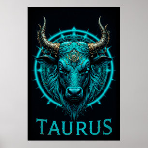 Affiche Symbole du zodiaque Taureau en bleu et or vibrant 