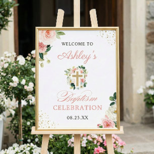 Affiche Symbole Fille Baptême Rose Floral Or Croix
