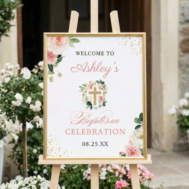 Affiche Symbole Fille Baptême Rose Floral Or Croix (Créateur téléchargé)