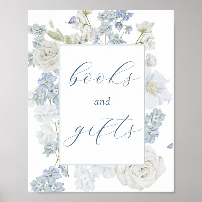 Affiche Symbole Fleurs Bleues Douces Livres et Cadeaux (Devant)