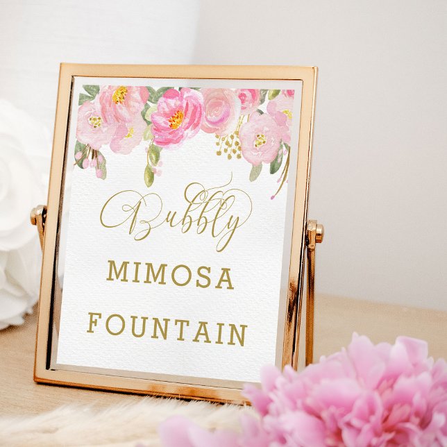 Affiche Symbole Floral rose or Calligraphie Bubbly Mimosa (Mimosa Fountain sign from my Pink and Gold Watercolor Floral Bridal Shower Collection)