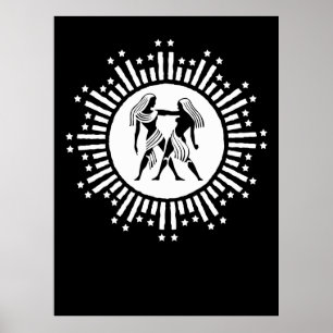 Affiche Symbole Gemini Zodiac avec étoiles Noir et Blanc
