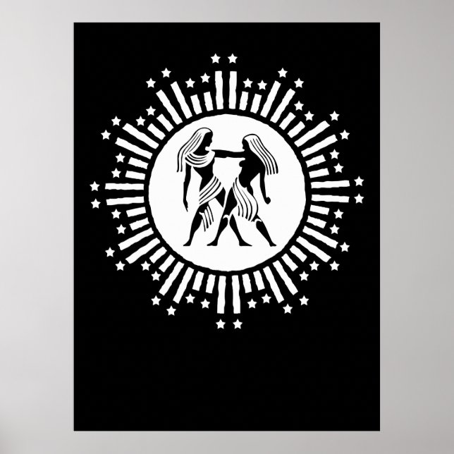 Affiche Symbole Gemini Zodiac avec étoiles Noir et Blanc (Devant)