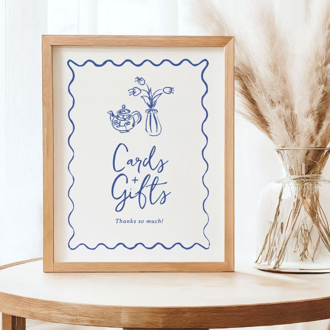 Affiche Symbole gribouillant Doodbble Cartes et Cadeaux (Cards & Gifts sign with whimsical doodles in blue and white.)