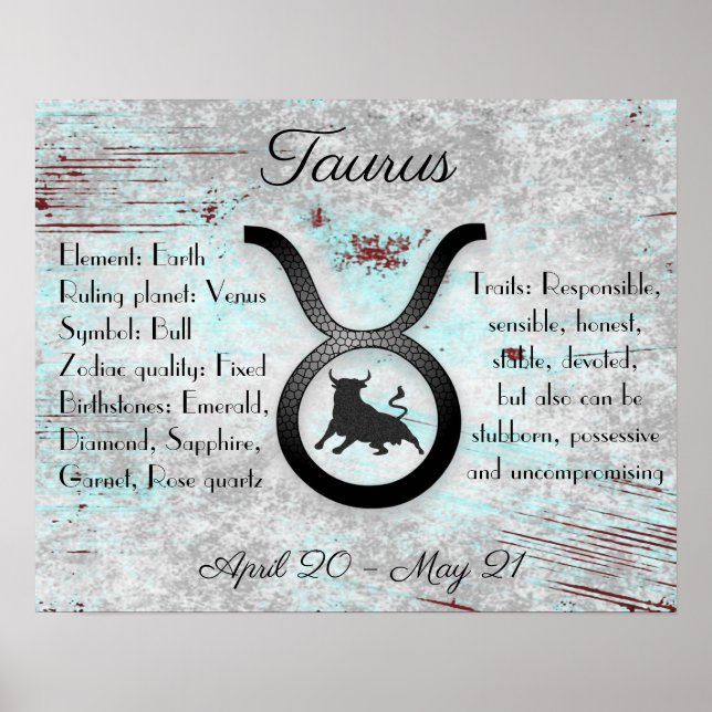 Affiche Symbole Horoscope Taurus Bull Traits et Dates (Devant)