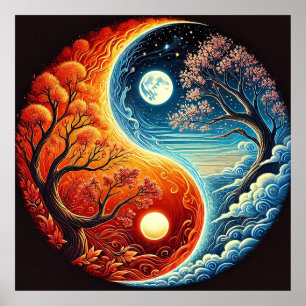 Affiche Symbole Intriqué du Yin-Yang Montrant le Feu et l'