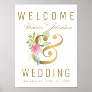 Affiche Symbole mariage de bienvenue rose rose faux or