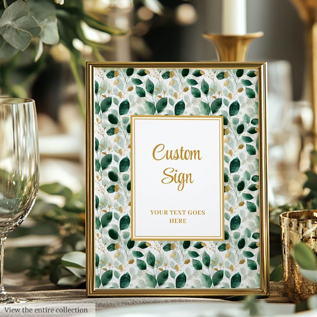 Affiche SYMBOLE Mariage D'Eucalyptus Vert Foncé Glamour (Glamorous Dark Green Gold Eucalyptus Wedding Custom Sign)