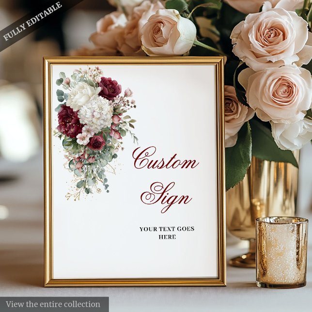 Affiche SYMBOLE Mariage Floral Élégant Boho Burgundy Blanc (Boho Burgundy White Elegant Floral Wedding Sign)