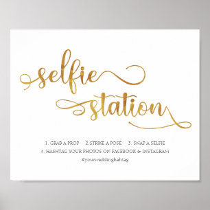 Affiche Symbole Mariage tendance "Selfie Station" or blanc
