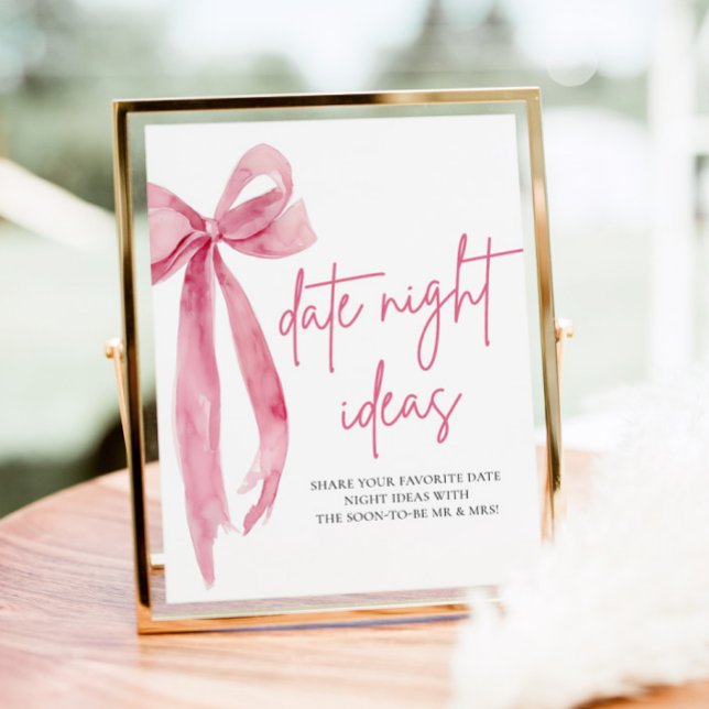 Affiche Symbole Nuit des idées pour la naissance de la cou (Blush Pink Bow Bridal Date Night Ideas Sign)