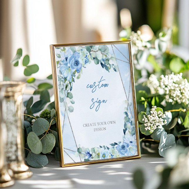 Affiche Symbole romantique bleu floral eucalyptus argent p (Romantic blue floral eucalyptus silver Custom Sign)