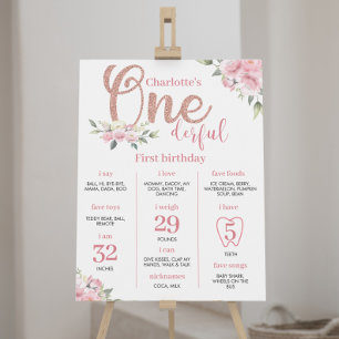 Affiche Symbole rose floral fille 1er anniversaire Jalon