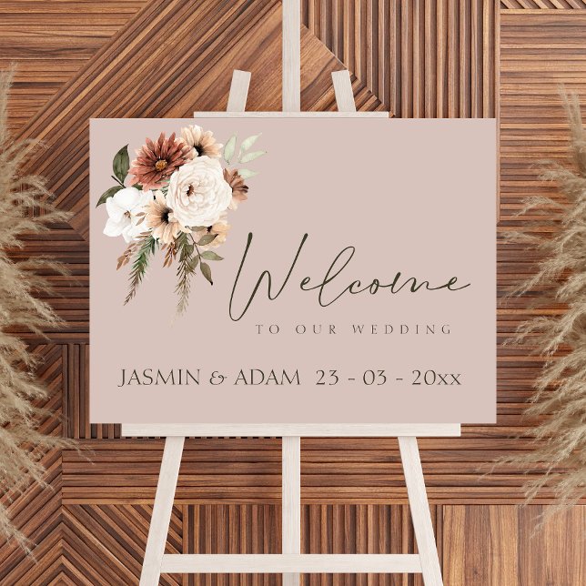Affiche SYMBOLE Rose OR ET Mariage Floral vert moderne (Rustic Dusty Pink and Green Floral Wedding Sign)