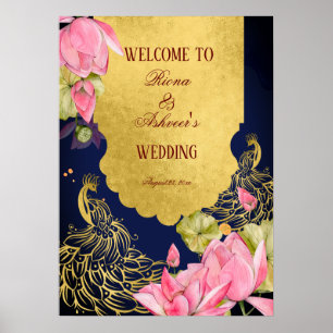 Affiche Symbole royal bleu or paon lotus indien