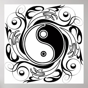 Affiche Symbole Yin et Yang Style tatouage noir et blanc