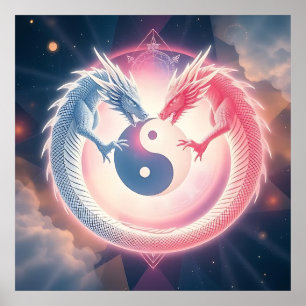 Affiche Symbole Yin Yang du dragon rouge et noir