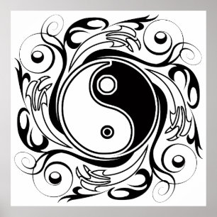 Affiche Symbole Yin & Yang noir et blanc de style tatouage