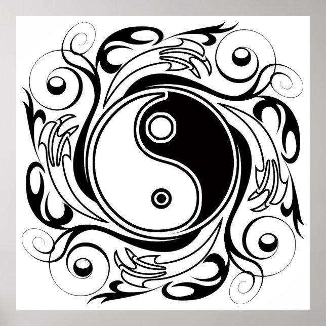 Affiche Symbole Yin & Yang noir et blanc de style tatouage (Devant)
