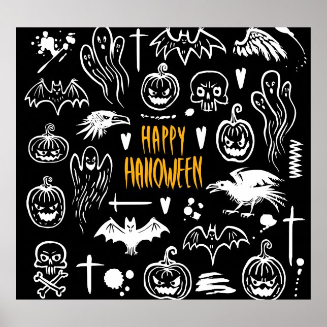 Affiche Symboles d'Halloween dessinés à la main, collectio (Devant)