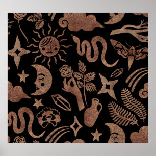 Affiche Symboles mystiques : serpent, soleil, lune.