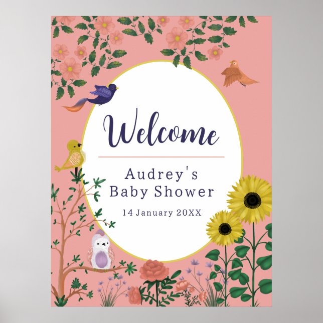 Affiche Sympa rose florale Bienvenue au Baby shower (Devant)