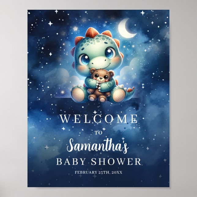 Affiche Sympathique bébé dino accolé ours en peluche signe (Devant)