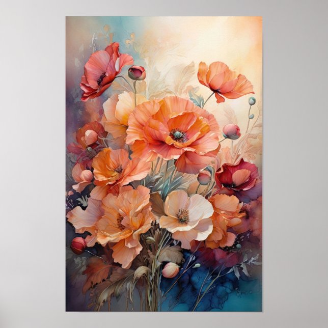 Affiche Symphonie florale - Fleurs de pavot rouge Aquarell (Devant)