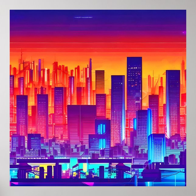 Affiche Synthwave/Cyberpunk City au coucher du soleil (Devant)