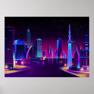Affiche Synthwave Neon City ⛔ Art vectoriel