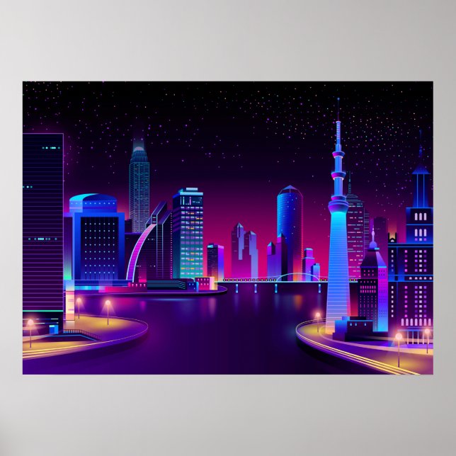 Affiche Synthwave Neon City ⛔ Art vectoriel (Devant)