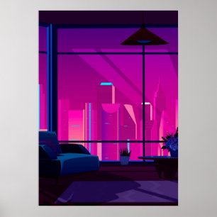 Affiche Synthwave Neon City : terrasse, penthouse