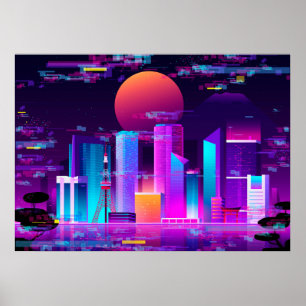 Affiche Synthwave Neon City - Tokio glitch