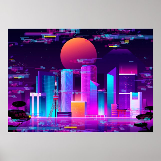 Affiche Synthwave Neon City - Tokio glitch (Devant)