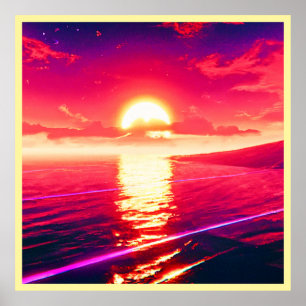 Affiche Synthwave numérique Sunset Sea Reflection