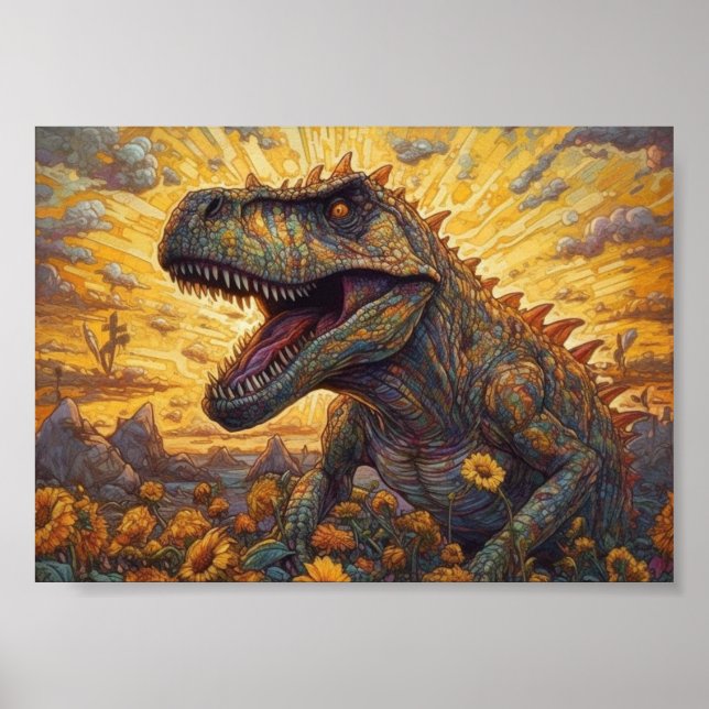 Affiche T-rex dans un champ de tournesols (Devant)