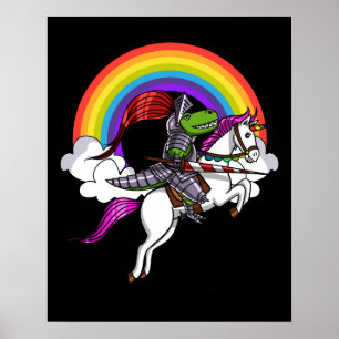 Affiche T-Rex Dinosaur Chevalier Riding Unicorn Arc-en-cie