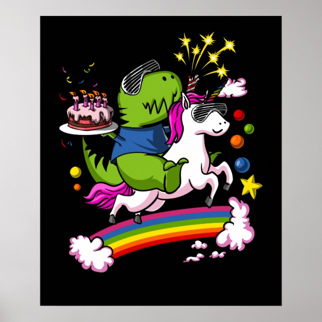 Affiche T-Rex Dinosaur équitation Unicorn Anniversaire (Devant)