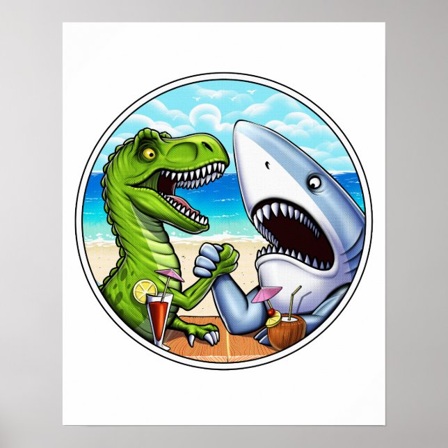 Affiche T-Rex Dinosaur Lutte contre les bras de requin (Devant)
