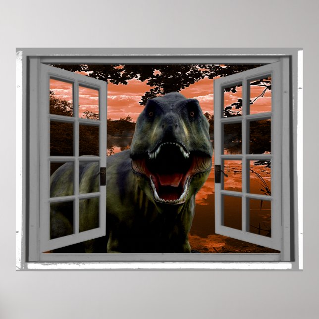 Affiche T-Rex Dinosaur Sunset View Faux Window (Devant)