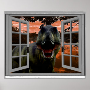 Affiche T-Rex Dinosaur Sunset View Faux Window