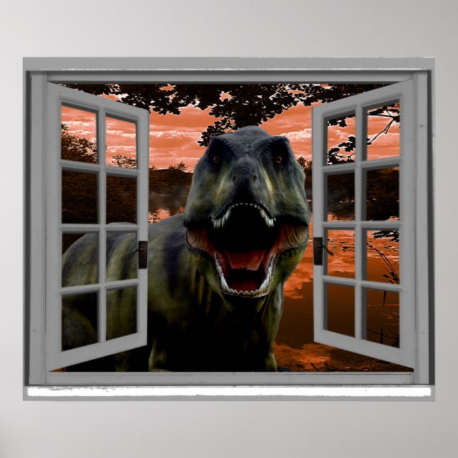 Affiche T-Rex Dinosaur Sunset View Faux Window (Devant)