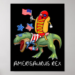Affiche T-Rex Dinosaure à cheval sur Hotdog 4 juillet Amer