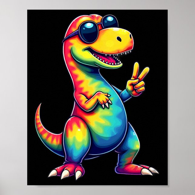 Affiche T-rex dinosaure hippie Tie Dye Signe de paix  (Devant)