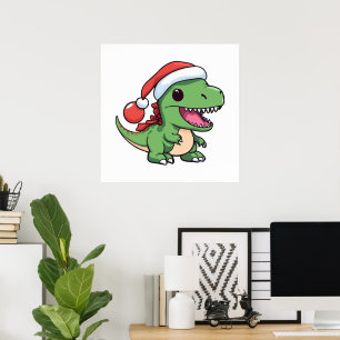 Affiche T-Rex dinosaure Kawaii en chapeau de Noël