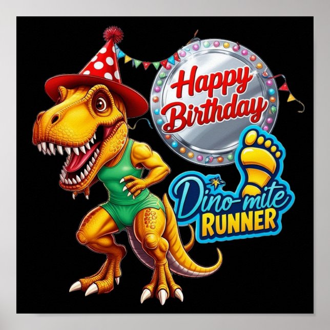 Affiche T-Rex en tenue de course et casquette d'anniversai (Devant)